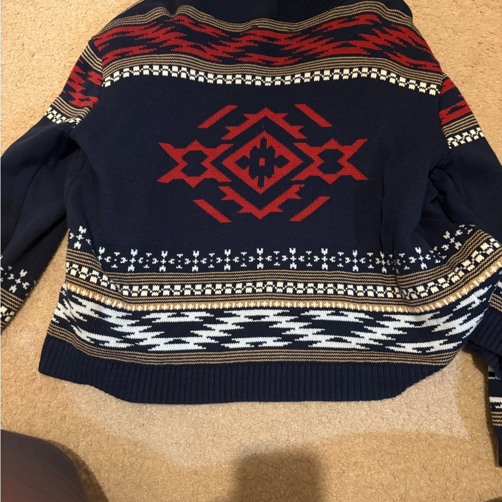 NWOT Lucky Brand Women’s Navy Shawl Collar Patterned Open Front Sweater Large - Picture 2 of 3